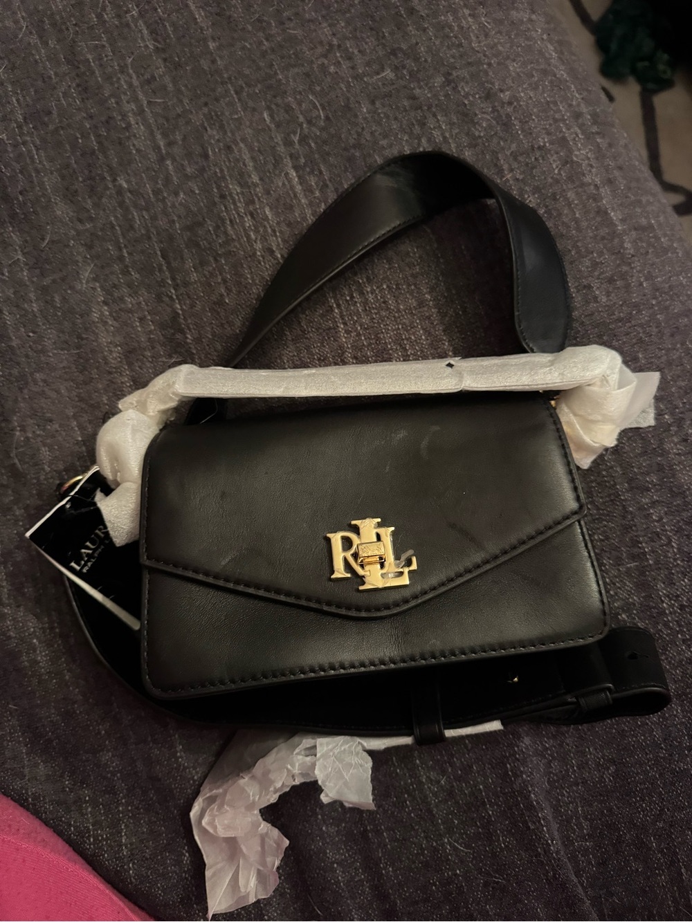 Lauren Ralph Lauren Tayler Black Leather Crossbody with Gold RL Logo